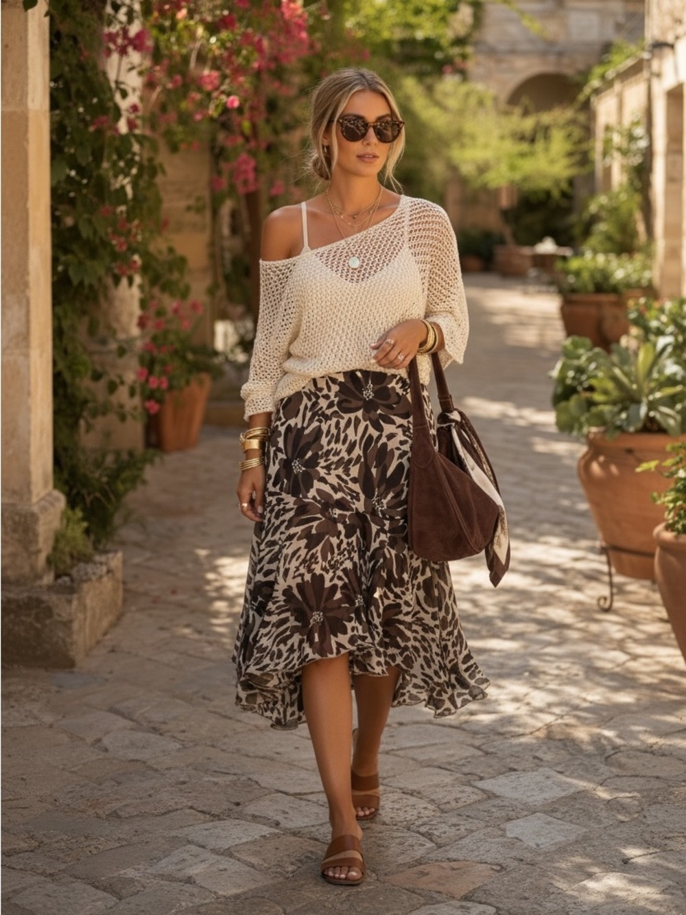 Windsmoor Boutique Y2K Brown Floral Silk Y2K Assymetrical Midi Skirt